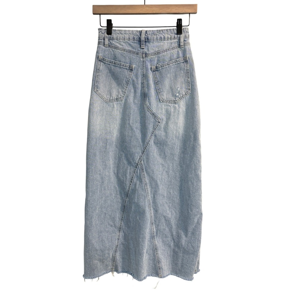 RSQ Light Wash Denim Maxi Skirt Front Slit Distressed Raw Hem Size 23 - Picture 4 of 6